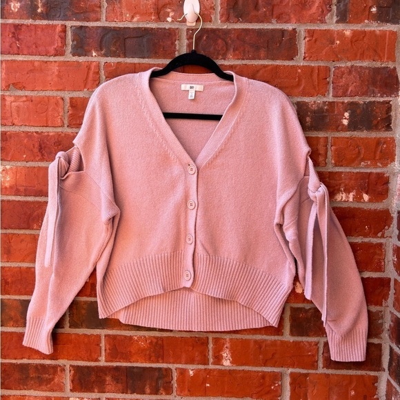 BP Womens Small Blush Pink Cold Shoulder Tie Cropped Cardigan Hi Lo Sweater - Picture 1 of 9